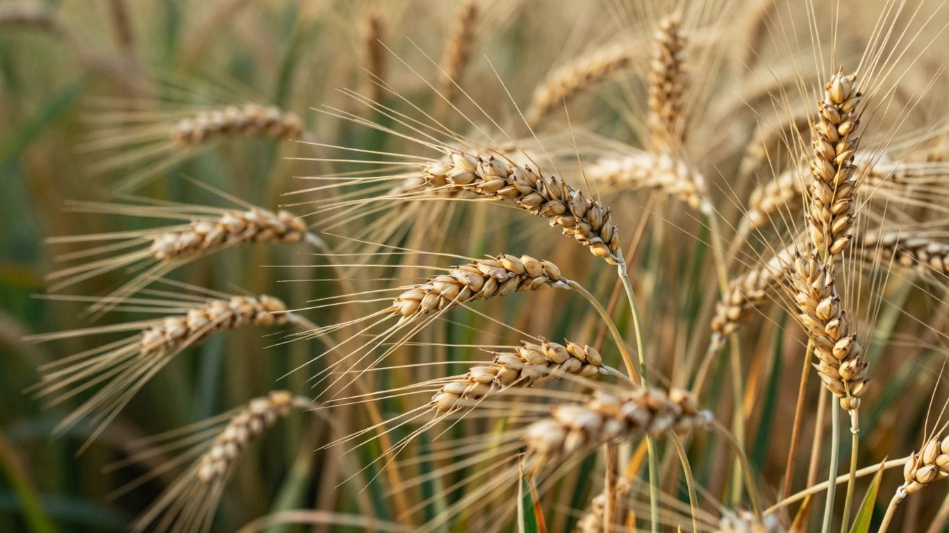 Golden wheat stalks in a sunlit field.