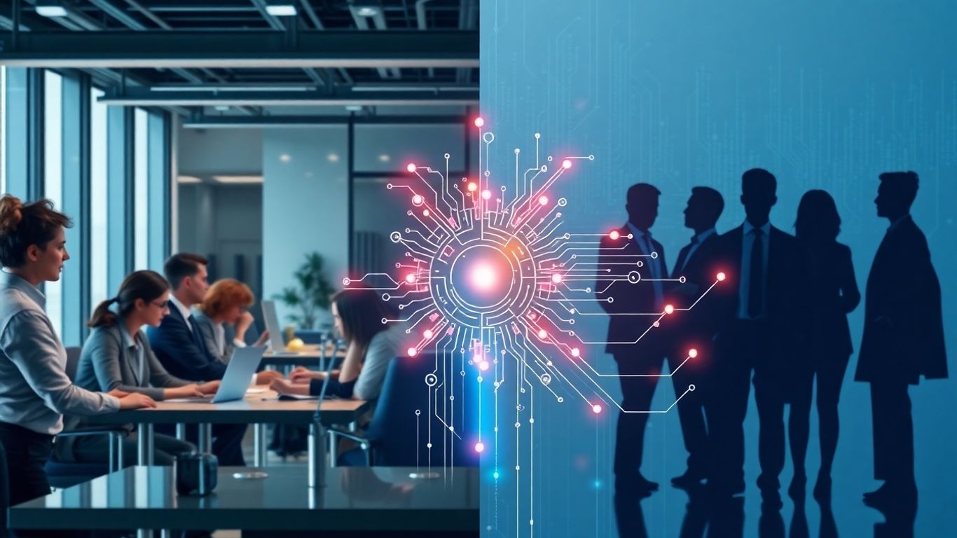 Humans and AI working together in a futuristic office setting.