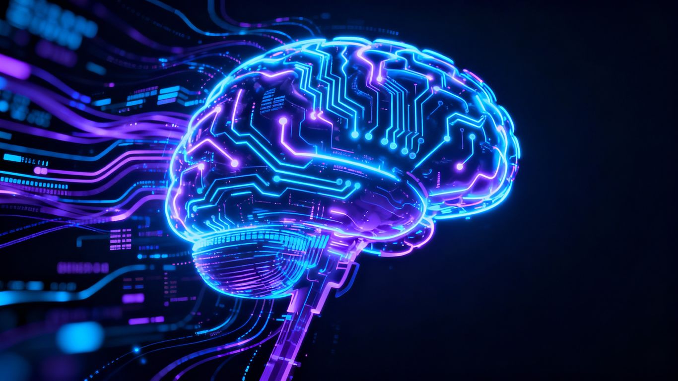 AI brain with glowing circuitry and data streams.
