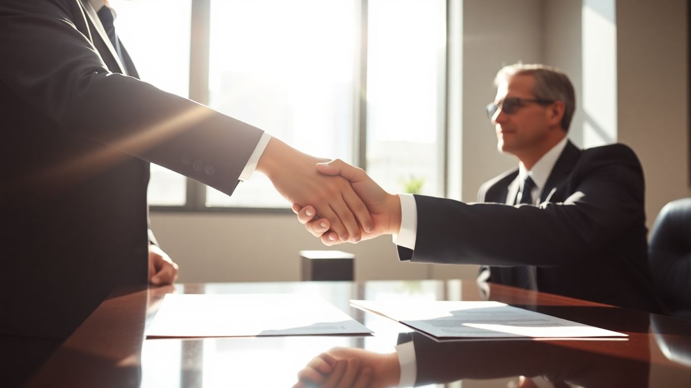 Minneapolis lawyer consulting with a client in an office.