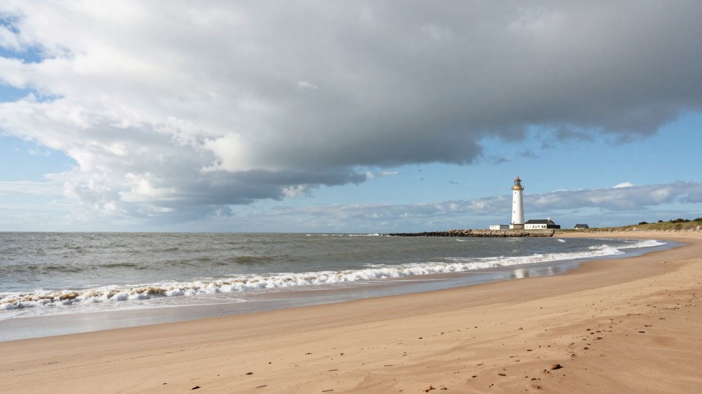 Kustlijn van Westkapelle met de zee en de vuurtoren.