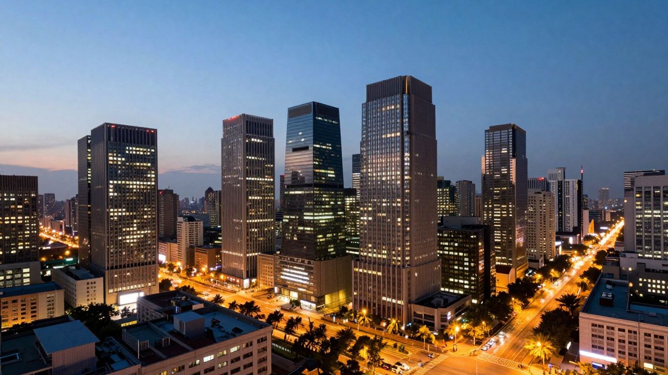 Financial district skyline at dusk with glowing streetlights.