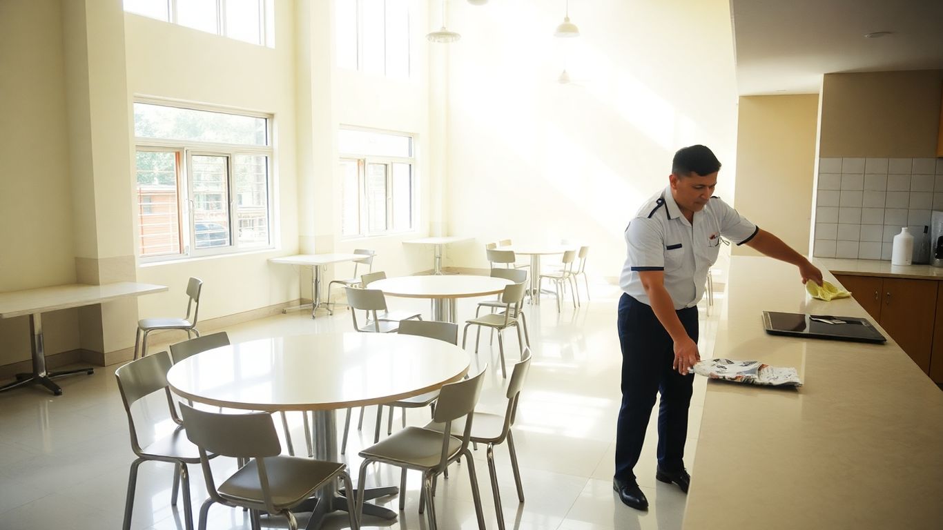 Clean hostel common area with staff sanitising surfaces.