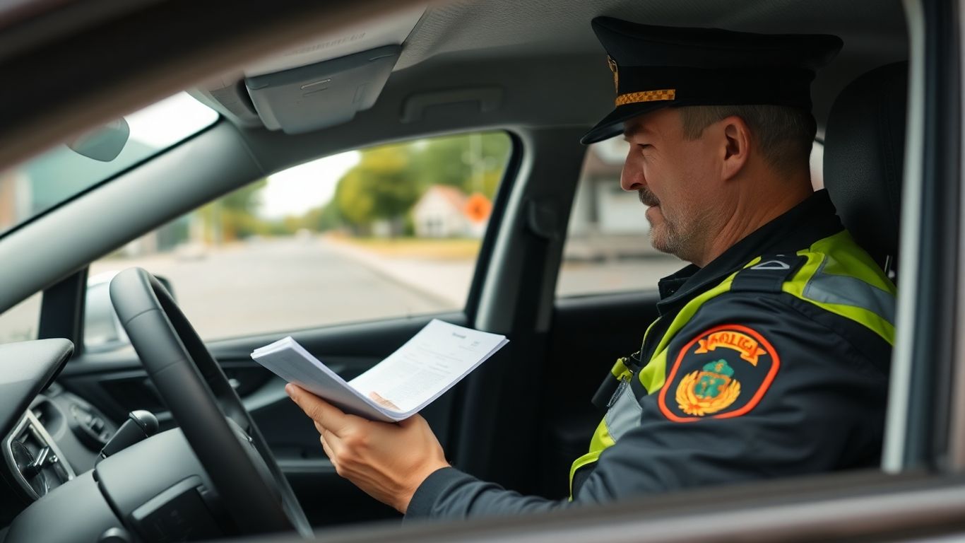 Polițist verifică documente la control rutier în România.