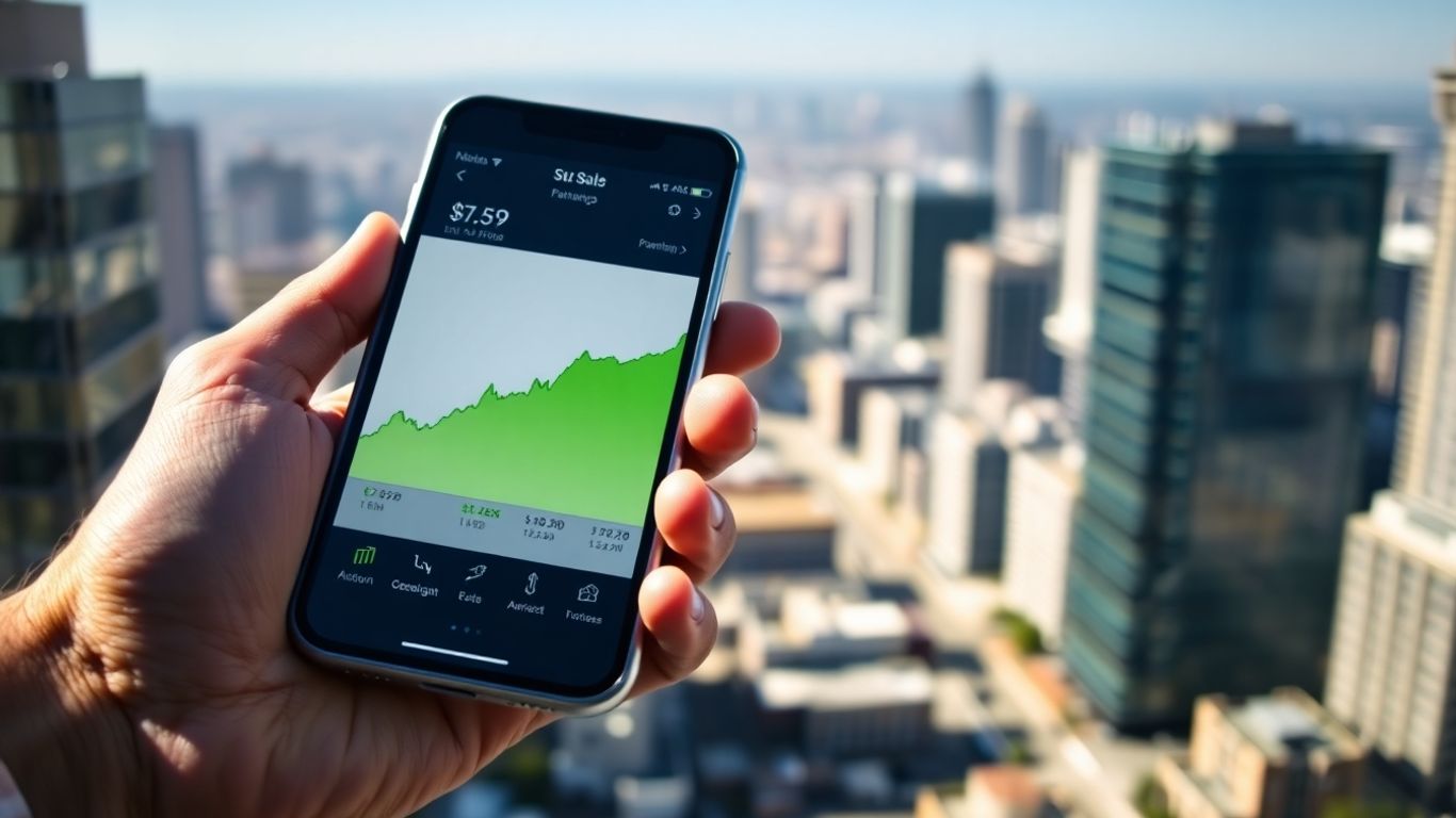 Smartphone with stock market app and cityscape background.