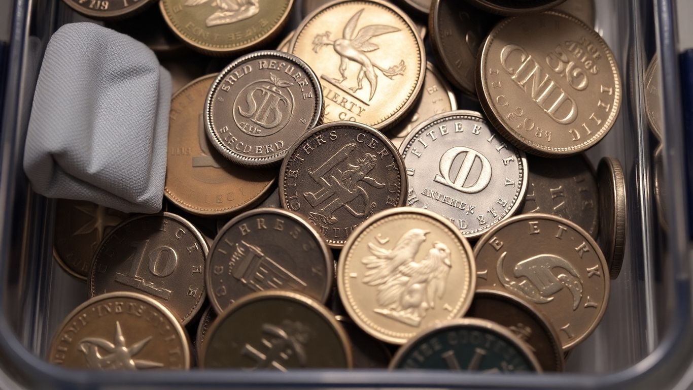Coins in a protective container with humidity absorbers.