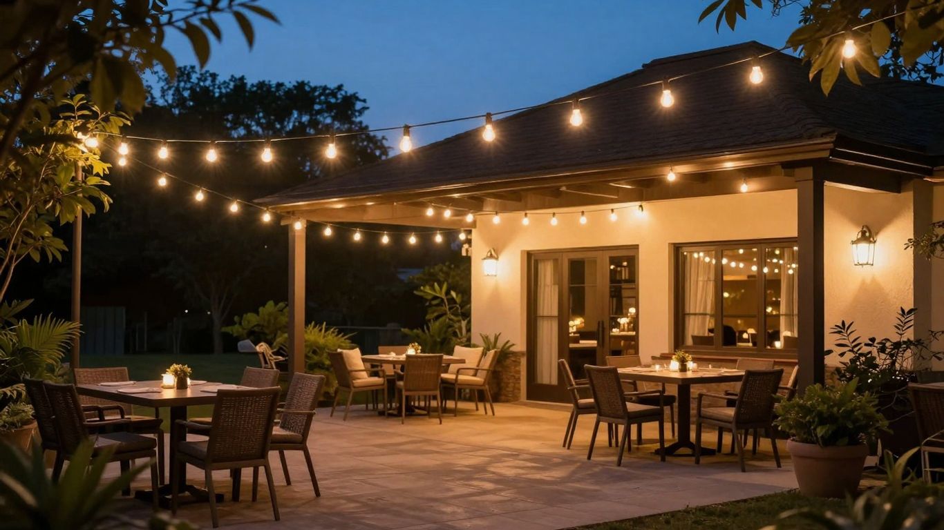 Patio illuminated by decorative outdoor lighting at dusk.