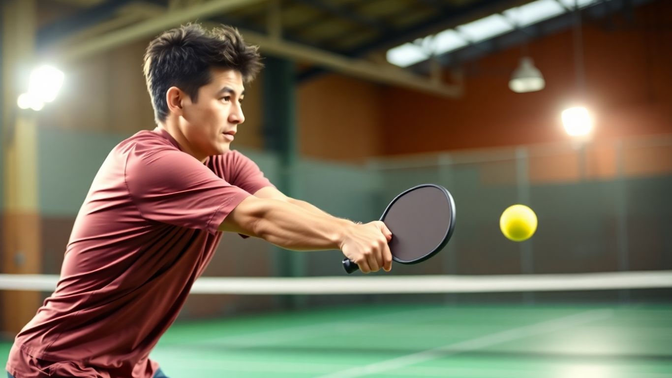 Pickleball player hitting a winning shot on court.