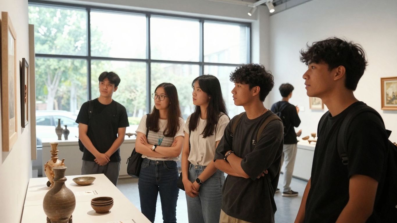 Tineri admirând opere de artă într-un muzeu modern.