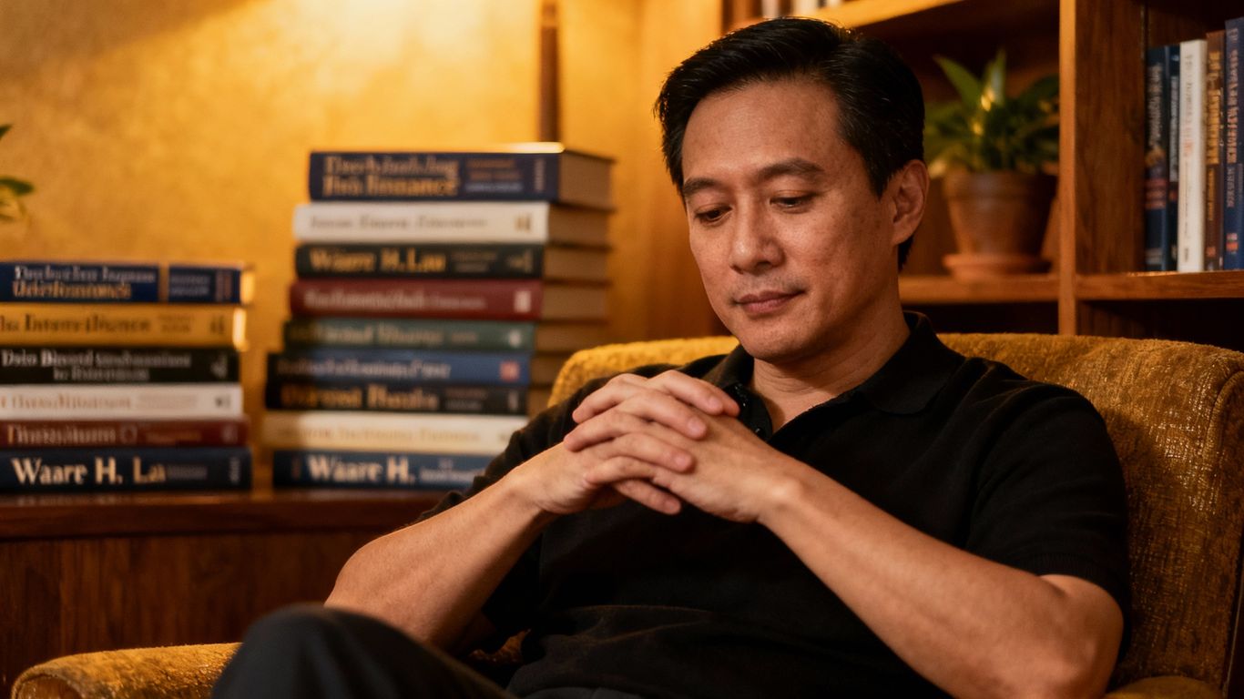 Portrait of Warren H. Lau with his finance books.