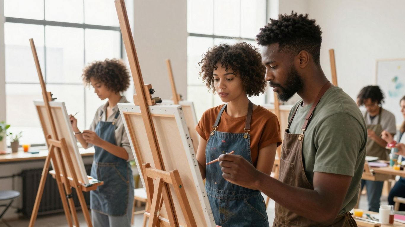 Artists creating art in a sunlit studio.