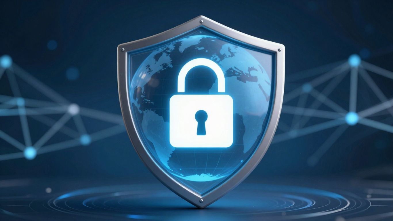 Bouclier numérique protégeant un globe avec un cadenas.