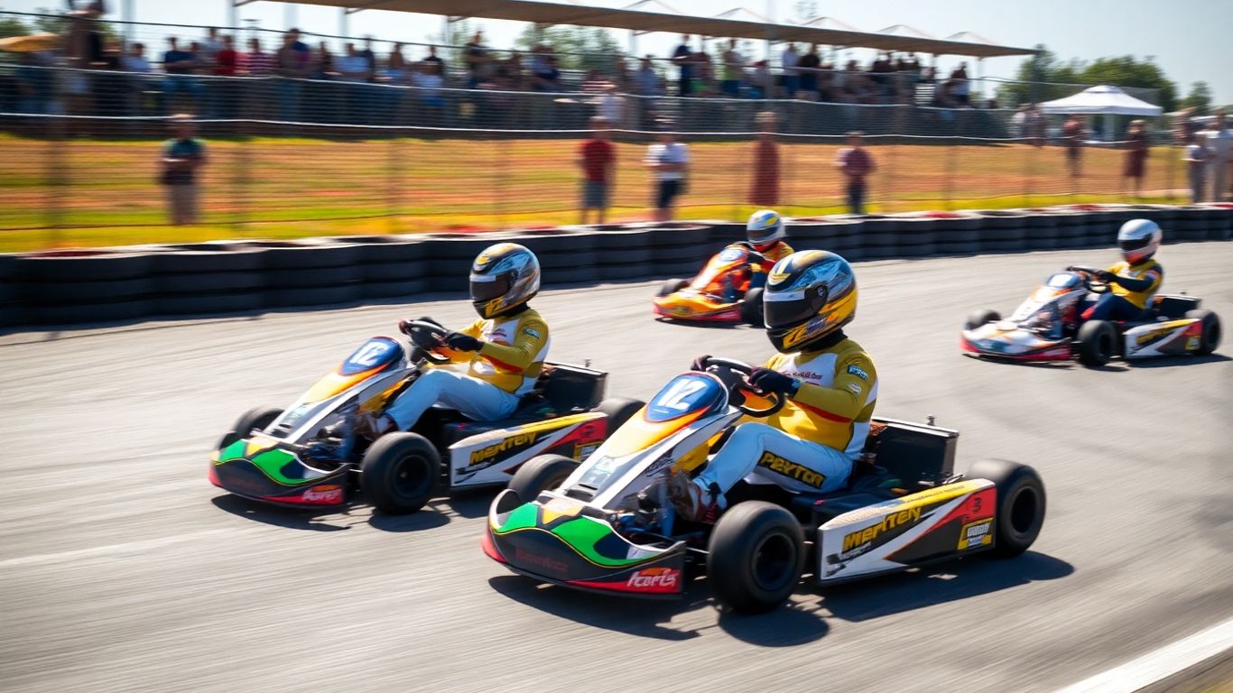 Go karts racing on a sunny track