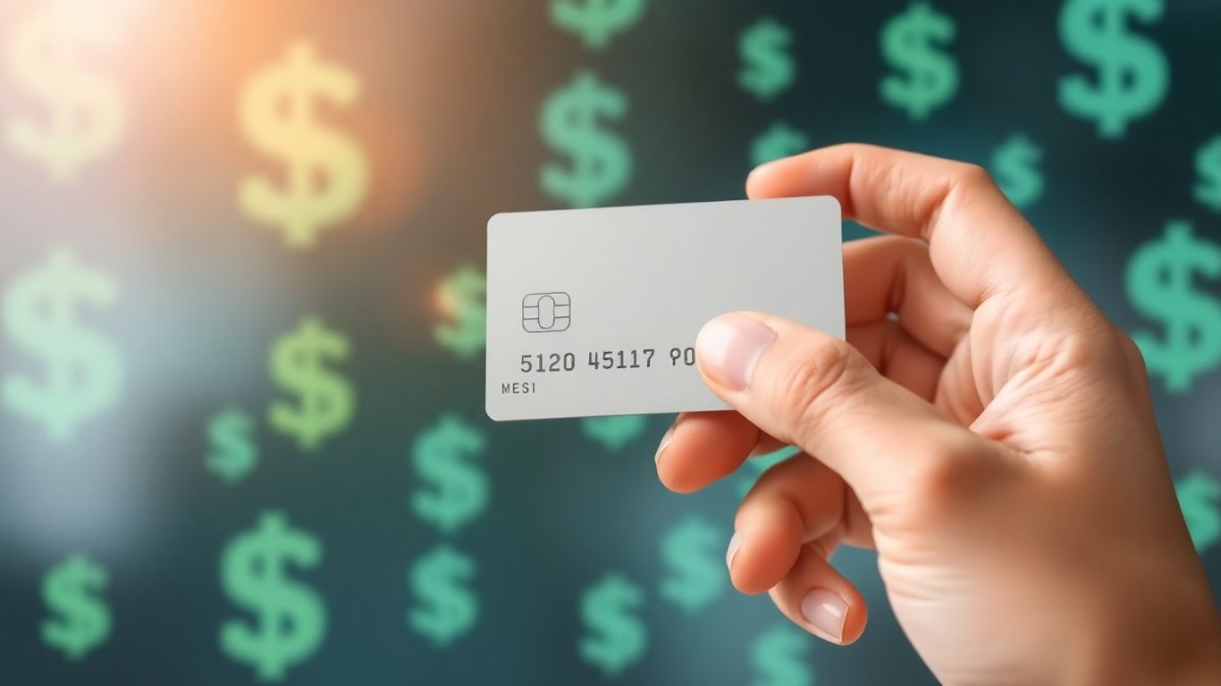 Mão segurando um cartão de crédito com fundo financeiro.