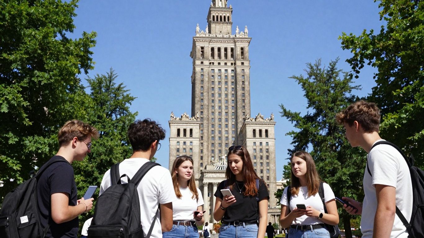 Pałac Kultury i Nauki w Warszawie z młodymi ludźmi