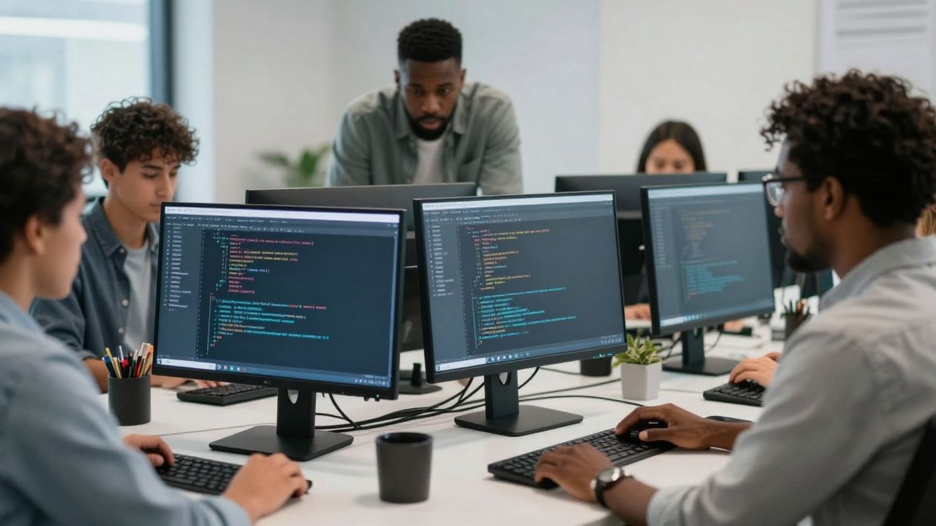 Personas colaborando con computadoras en una oficina moderna.