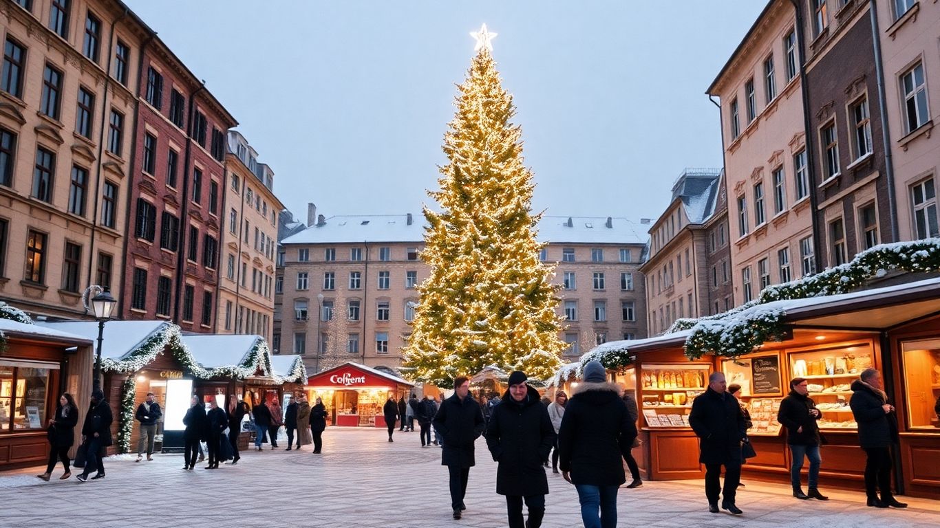 Festive European city square in winter