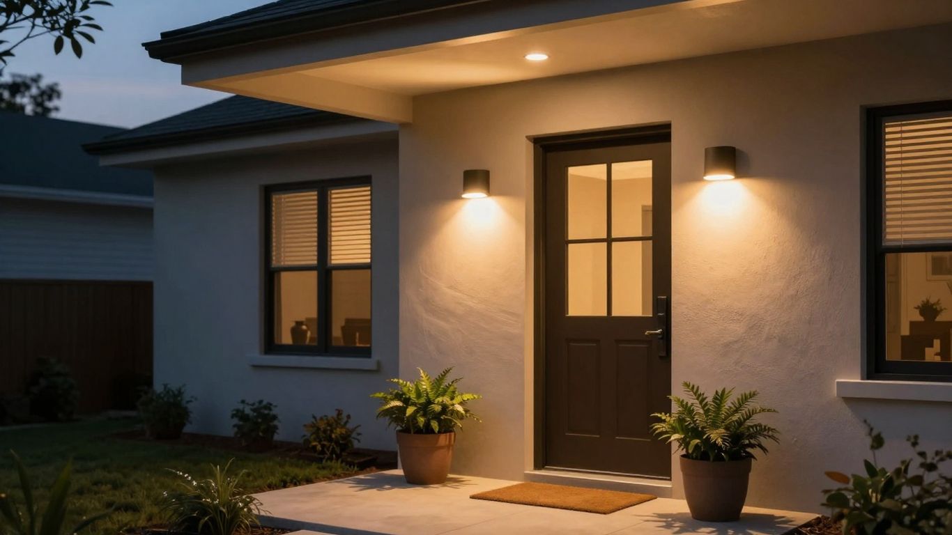 Modern porch with stylish external light at dusk