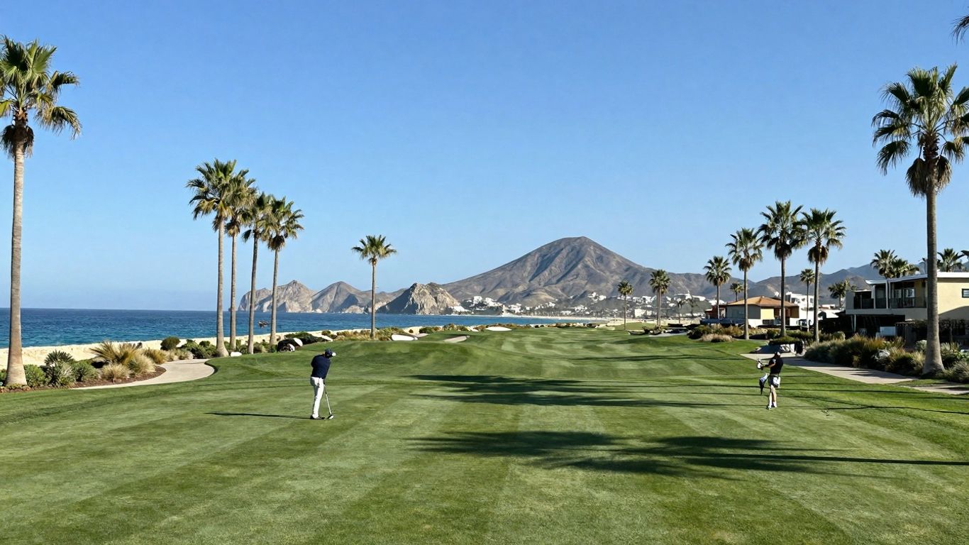 Golf course in Cabo with ocean view and palm trees.