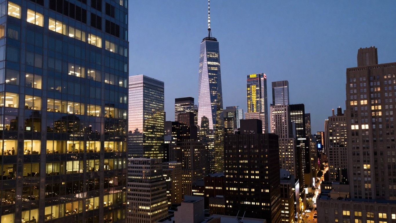 NYC skyline and financial district buildings at dusk.