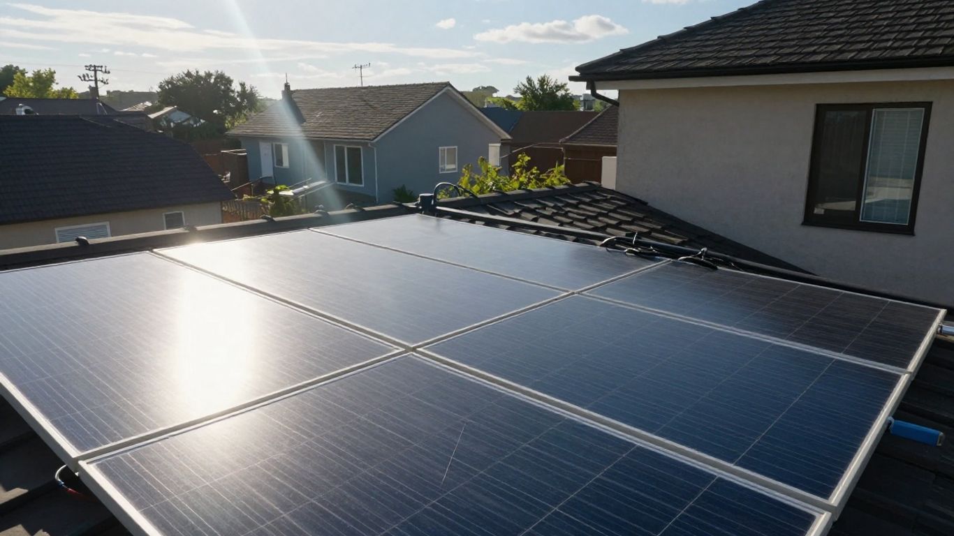 Panneaux solaires sur un toit, connectés à une maison.