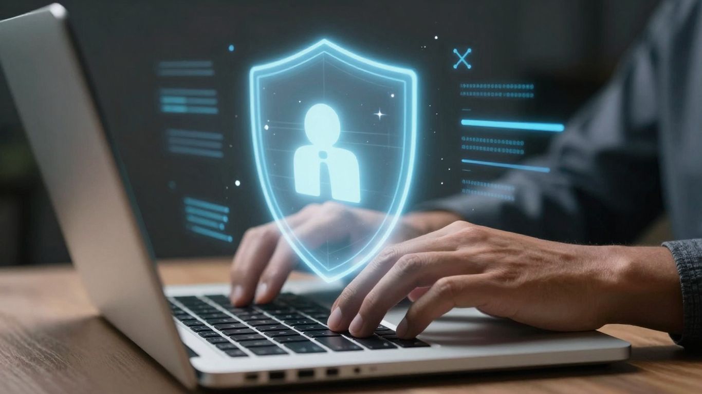 Laptop with a digital shield protecting the screen.