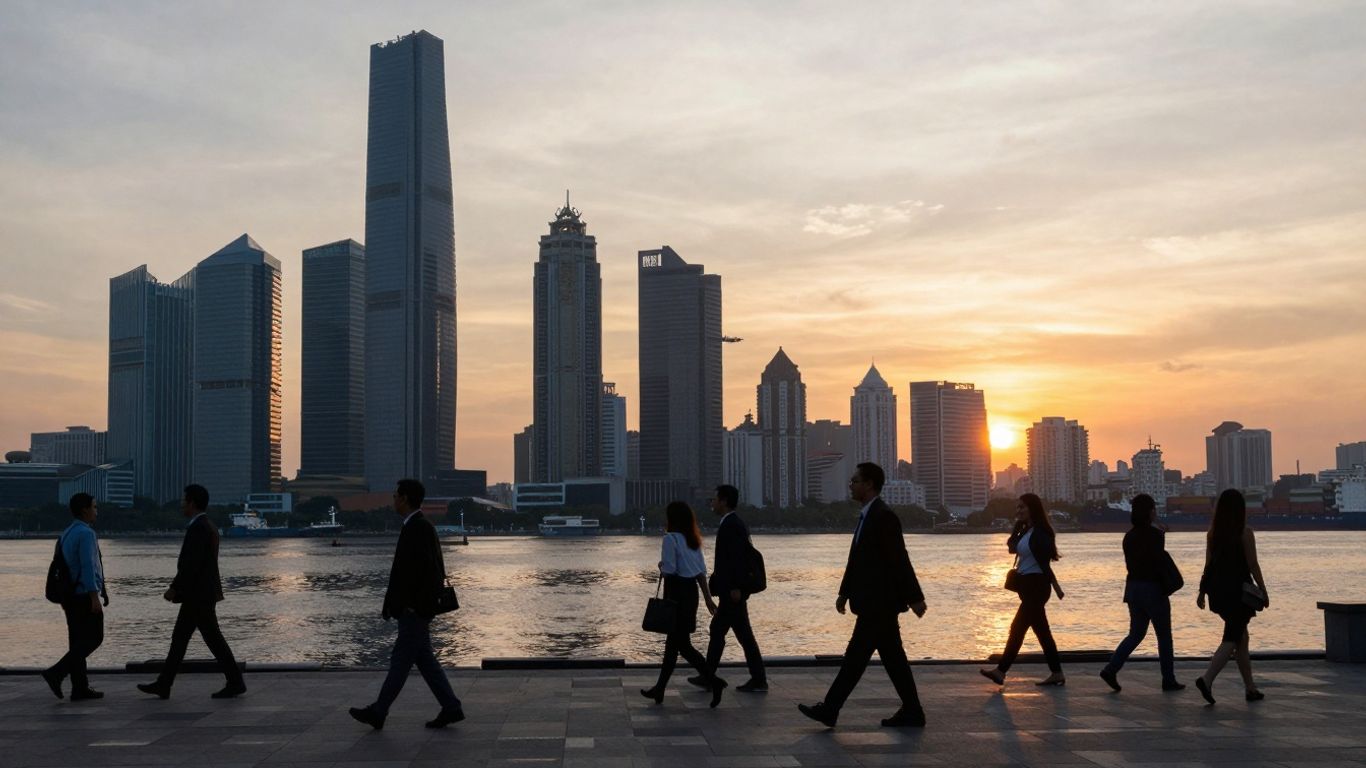 Indonesian cityscape with business people and cargo ships.