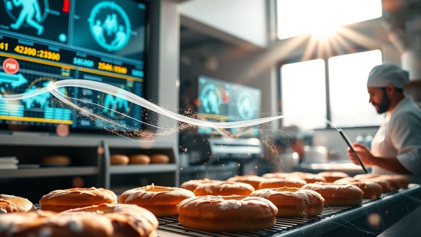 Bäckerei mit digitalen Datenströmen und Backwaren