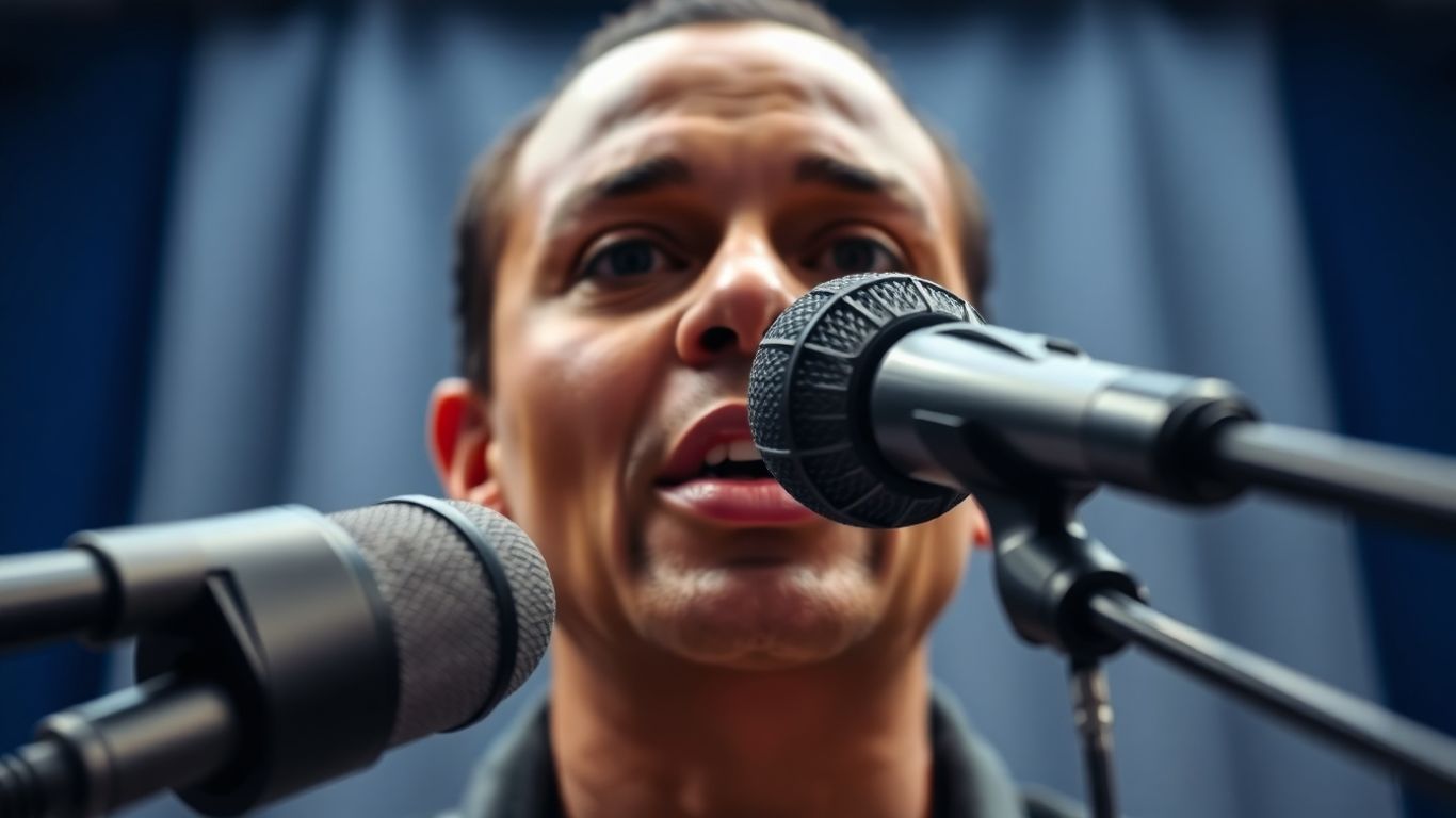 Person speaking into a professional microphone