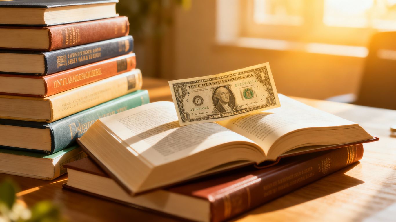 Stack of finance books with sunlight and a dollar bill.