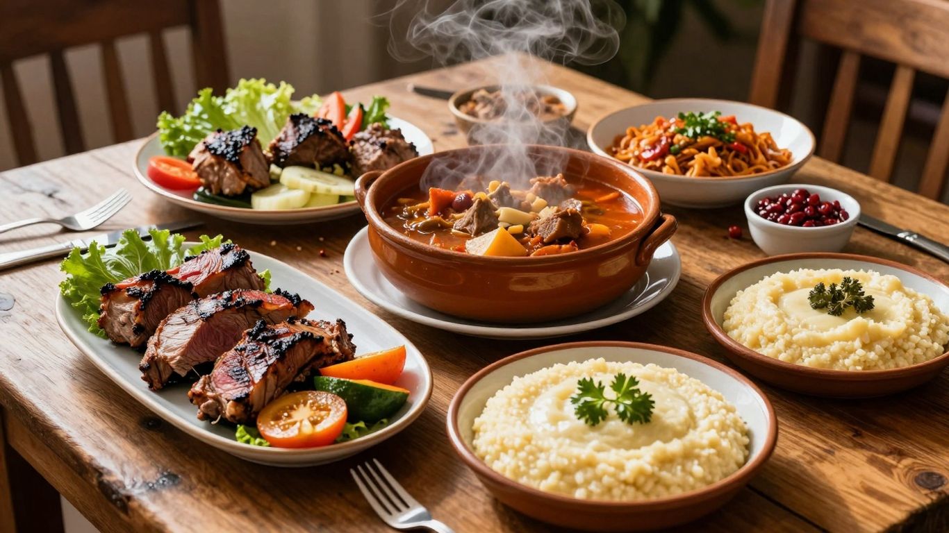 Mâncare tradițională românească pe o masă rustică.