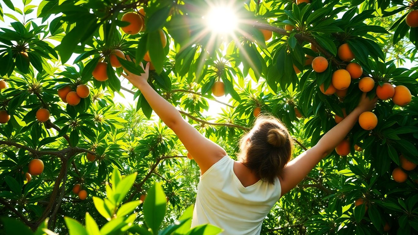 Person stretching outdoors with sunlight and greenery.