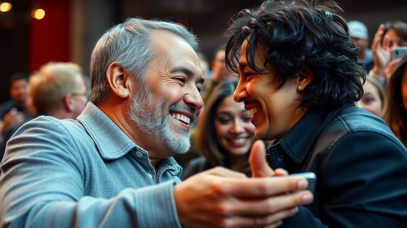 Relația dintre vedete și fani: Momente emoționante și interacțiuni memorabile 1 Vedetă și fan interacționând emoționant.