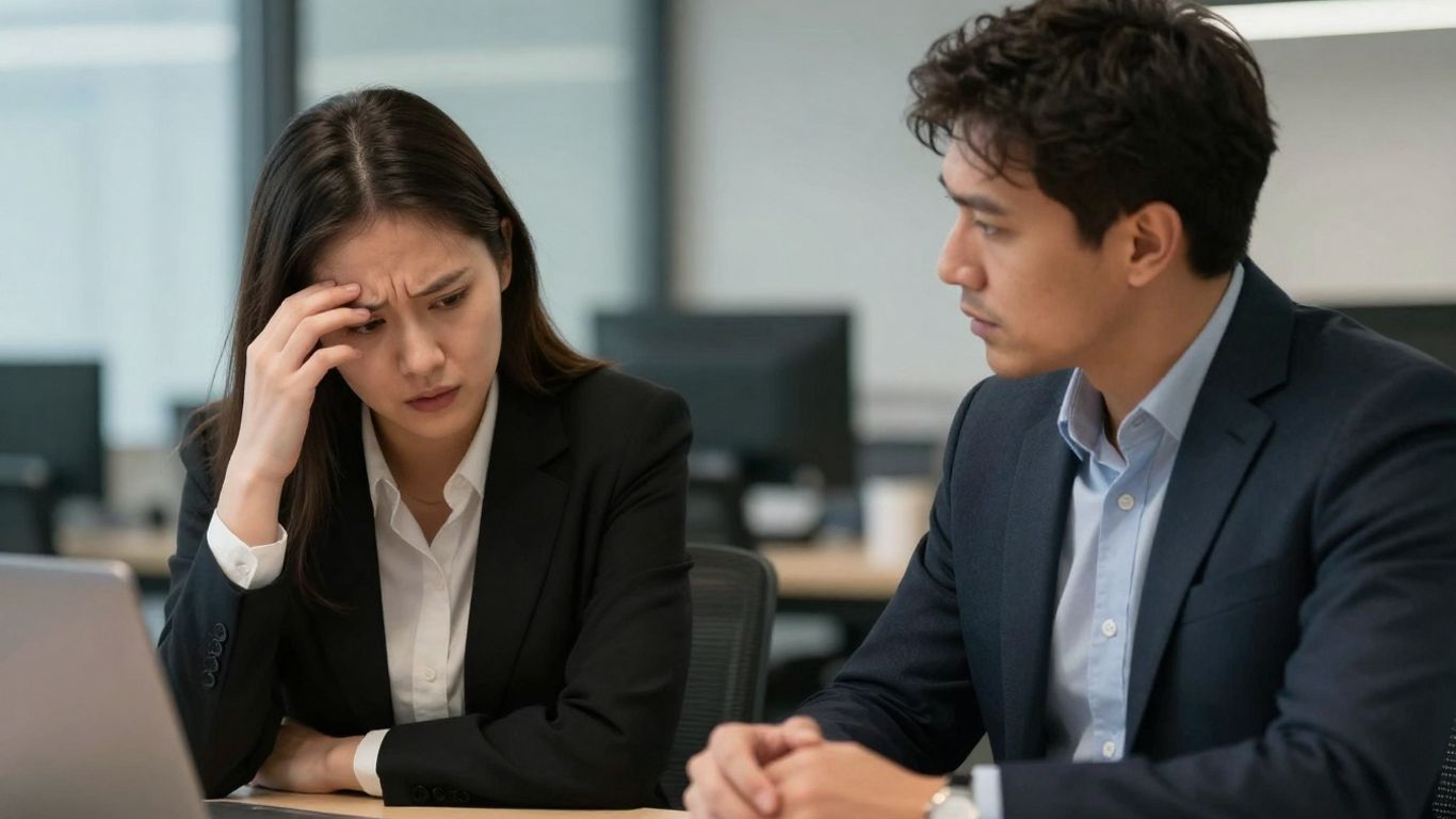 Workplace harassment discussion between two colleagues.