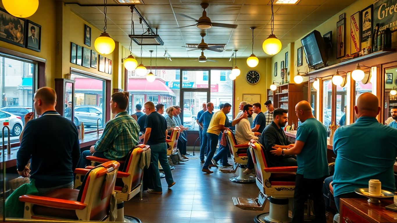 Barbershop scene with customers and barbers downtown