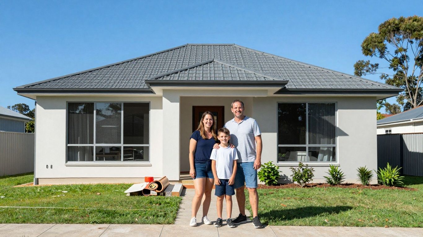 Queensland family in front of new house, clear skies