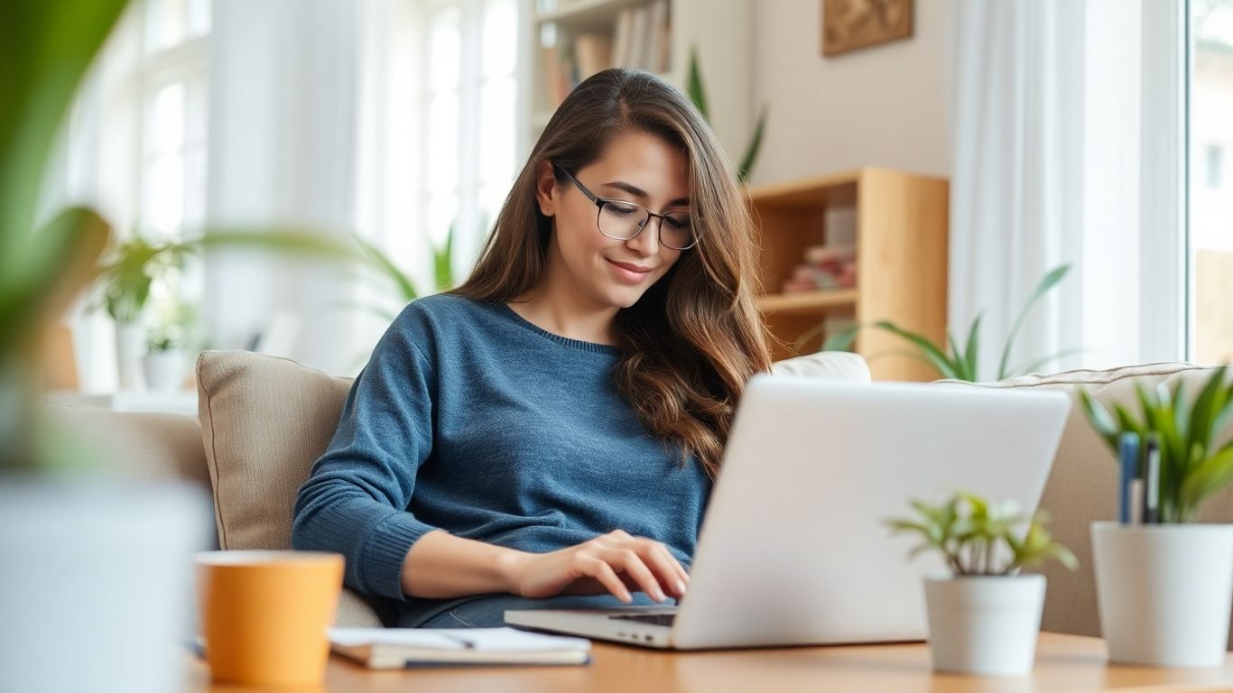 Person working on laptop at home with natural light.