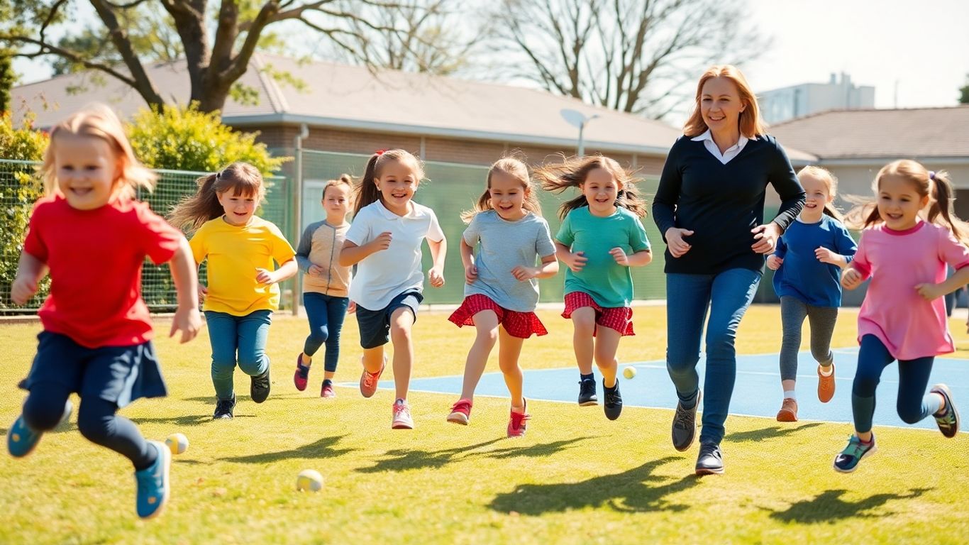 Grundschulkinder spielen und bewegen sich im Sportunterricht.