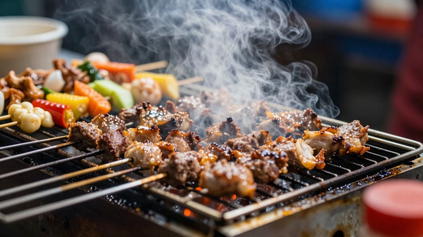 Gătirea preparatelor street food pe grătar.