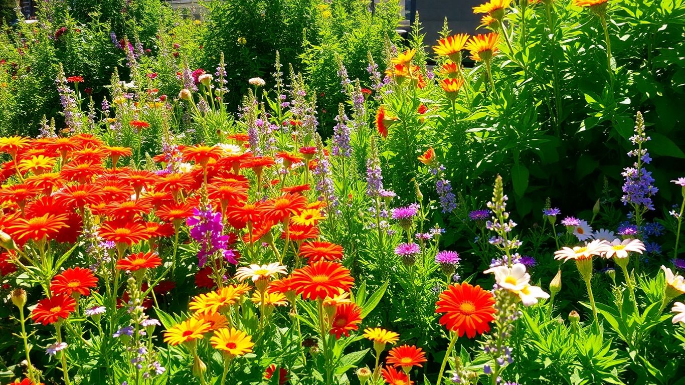 Jardim ensolarado com flores vibrantes e folhagem exuberante.