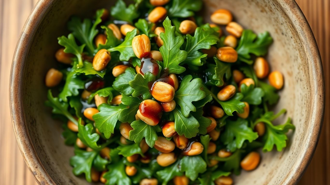 Rocket salad with balsamic glaze and pine nuts.