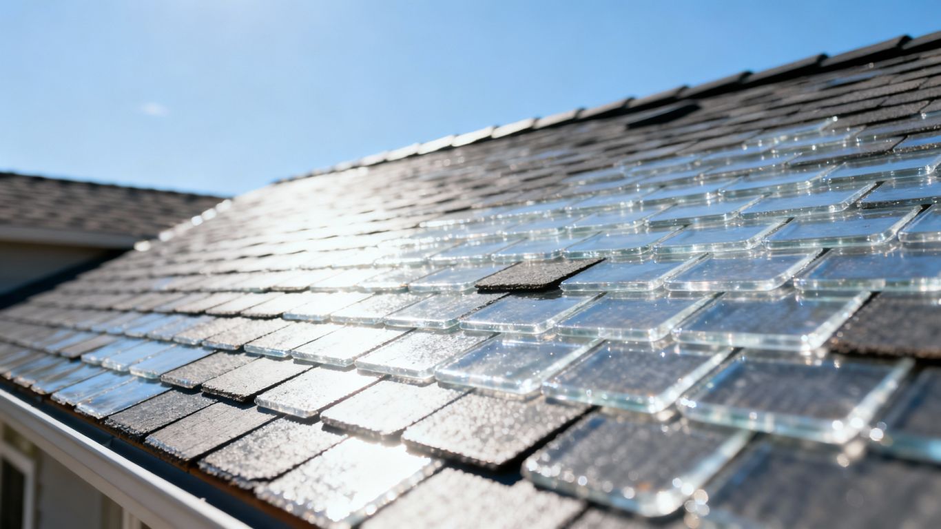 Residential roof close-up with clear shingles and bright sky.