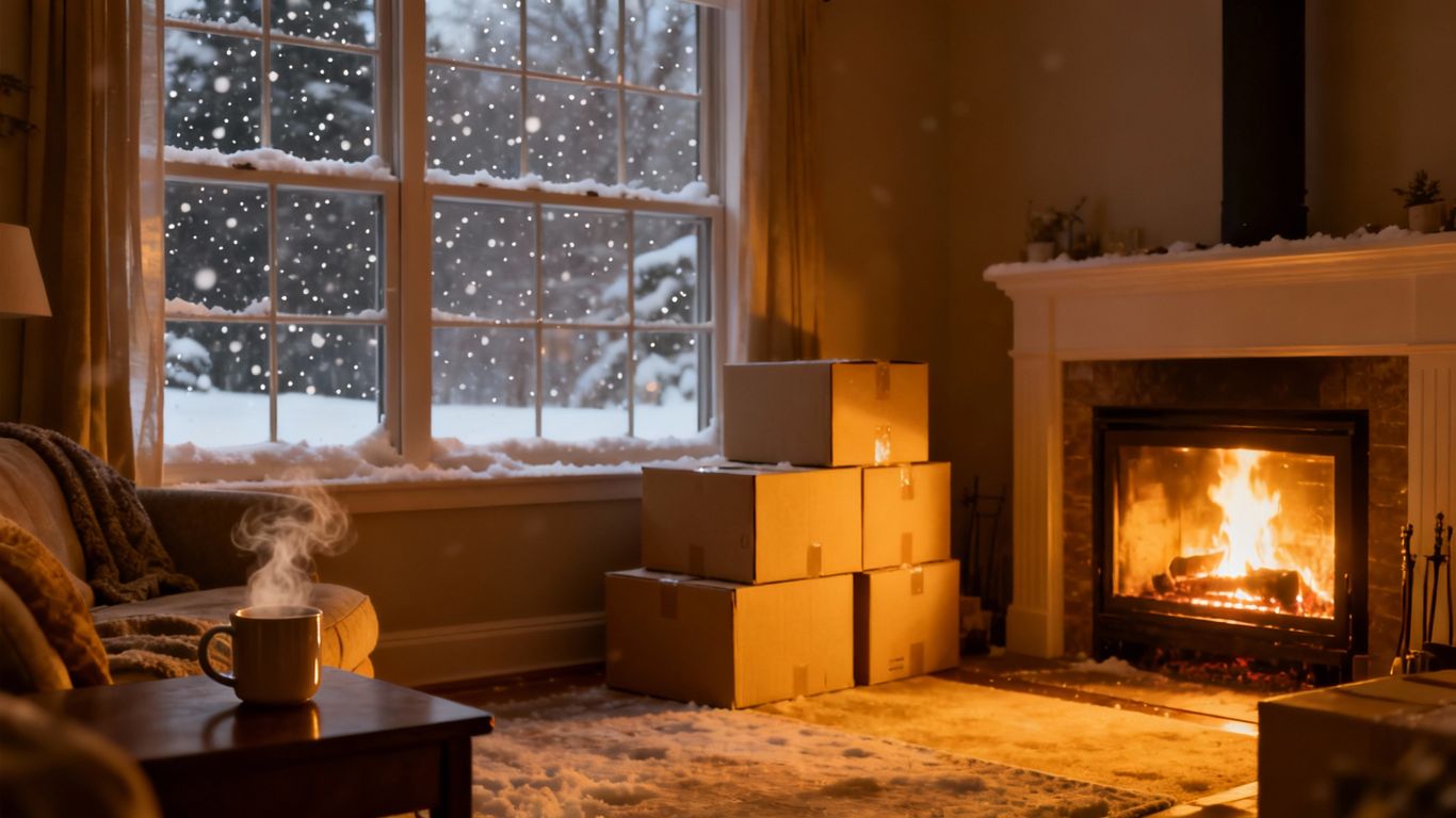 Cozy home interior with snow outside, moving boxes.