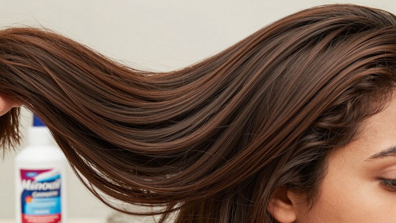 Woman with healthy hair and Minoxidil product.