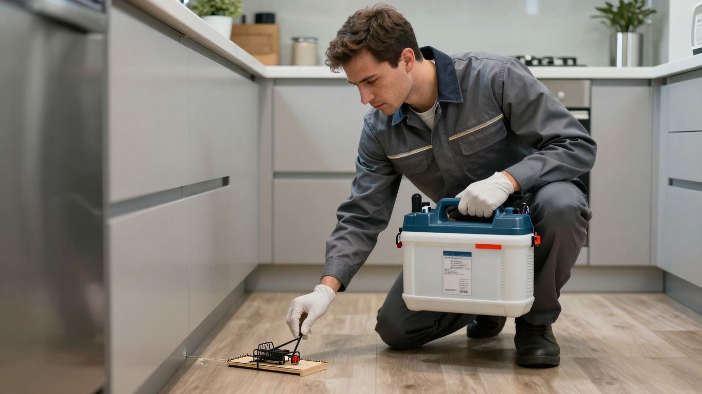 Professionnel dératiseur en action dans une cuisine.