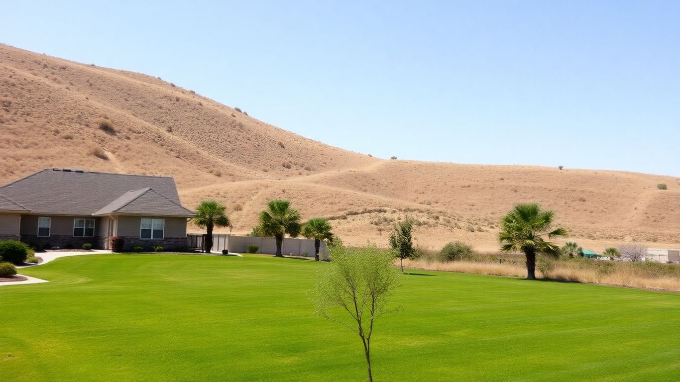 Home with defensible space against a grassy hillside.