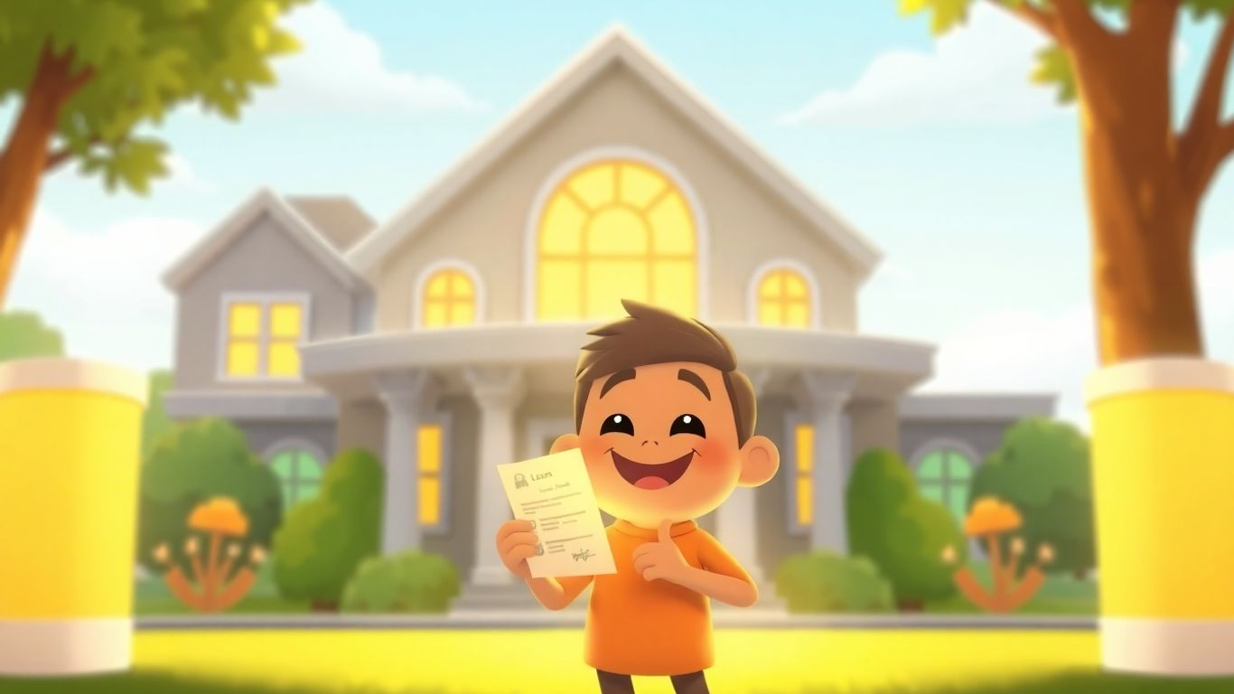 Cartoon character with loan document and community center.