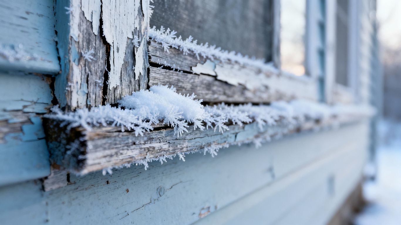 Close-up of house siding in cold weather.