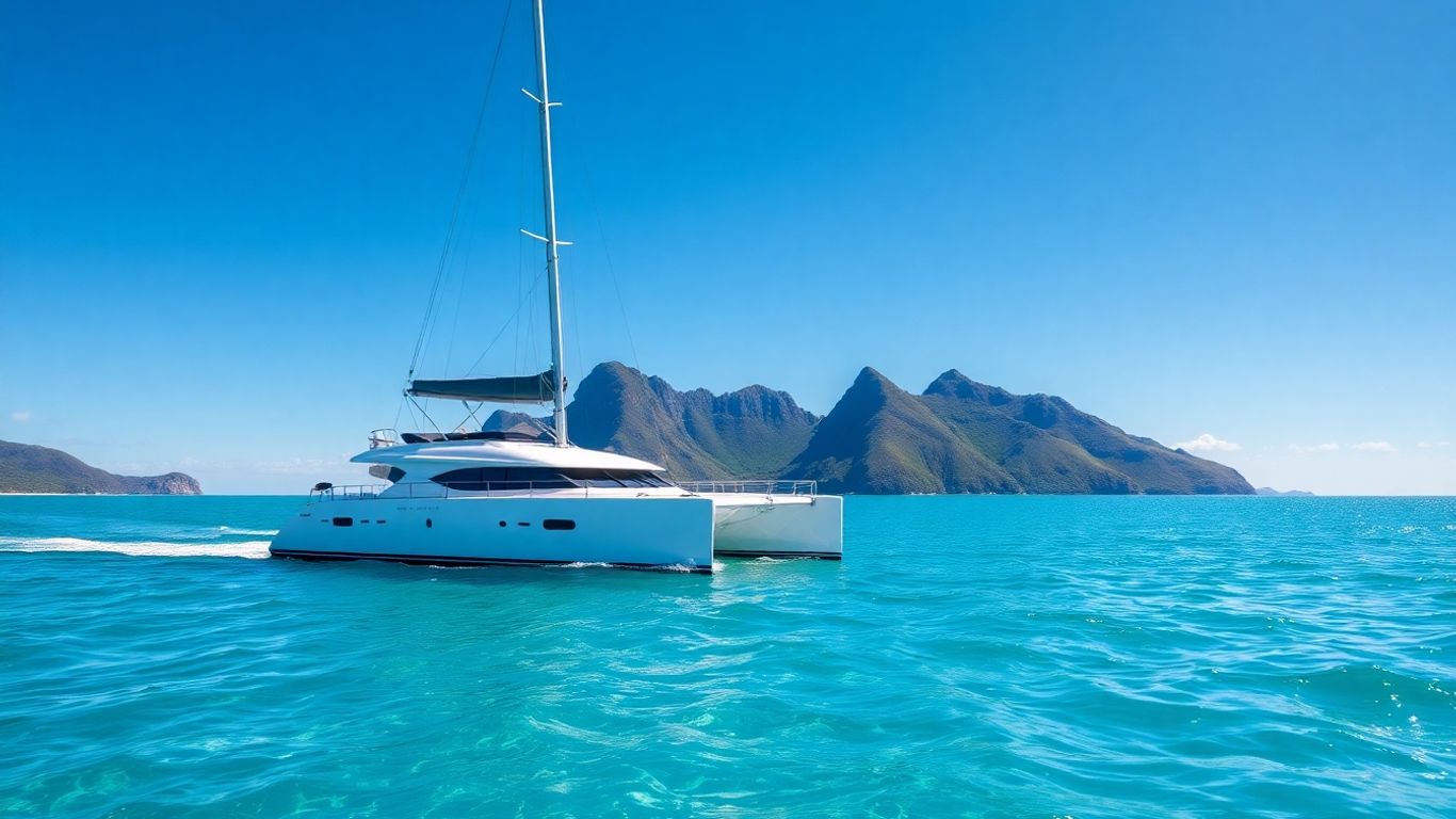 Catamaran sailing on clear blue ocean waters.
