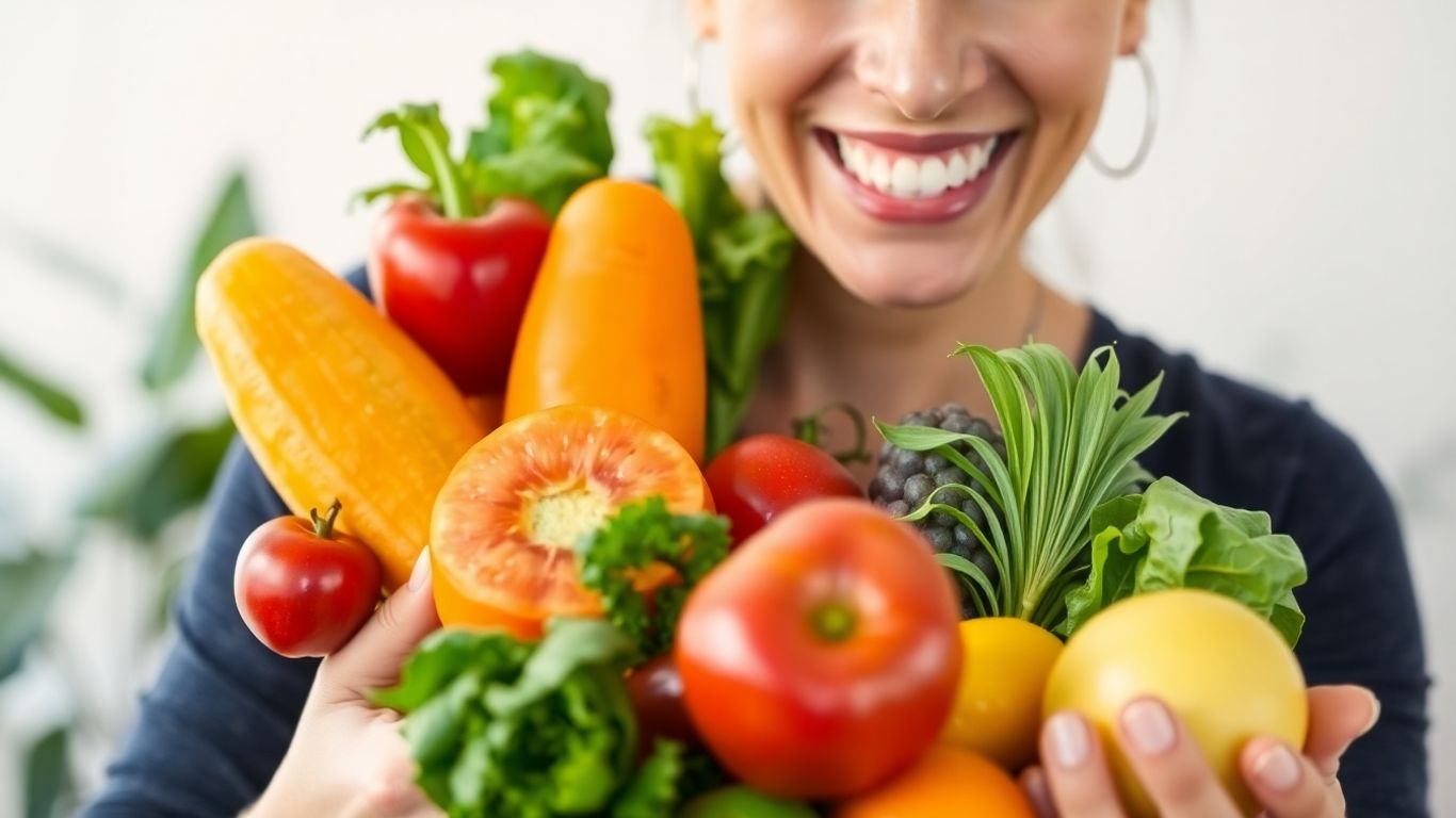 Person holding colorful fruits and vegetables for healthy snacking.